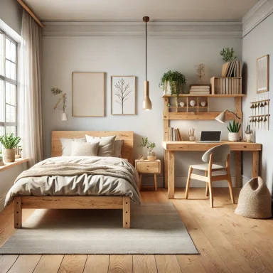 Dormitorio juvenil con muebles de madera natural y diseño orgánico Suárez & Co. Interiorismo