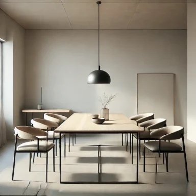 Comedor con mesa de madera y sillas elegantes en un diseño minimalista por Suárez Interiorismo.