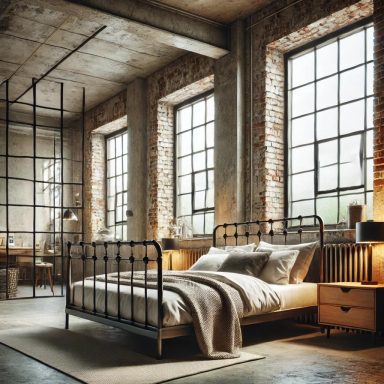 Dormitorio de estilo industrial con paredes de ladrillo visto, estructura de cama de metal y mesas de noche de madera.