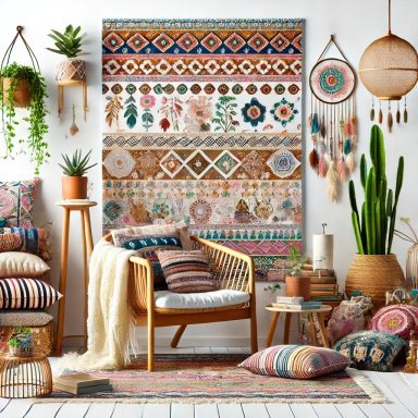 Imagen que muestra un rincón de lectura de estilo Boho, con una mezcla ecléctica de patrones, colores y texturas, con materiales naturales