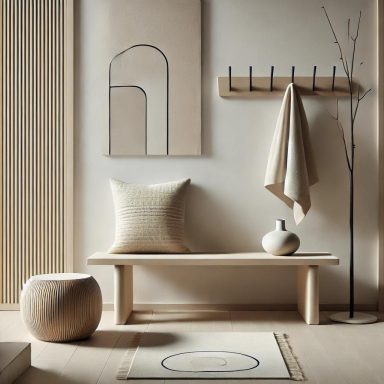 Entrada minimalista con banco de madera y textiles modernos. Suárez & Co. Interiorismo