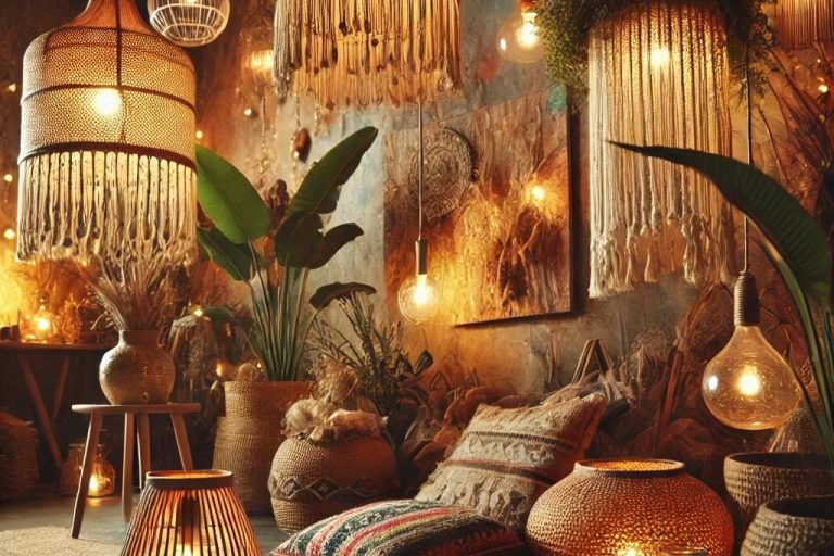 Espacio acogedor de estilo boho con iluminación suave y cálida, lámparas colgantes de mimbre y macramé, y elementos decorativos naturales como madera y ratán. El ambiente crea una atmósfera relajante, ideal para un diseño interior que refleja armonía con la naturaleza. Diseño por Suárez & Co. Interiorismo.