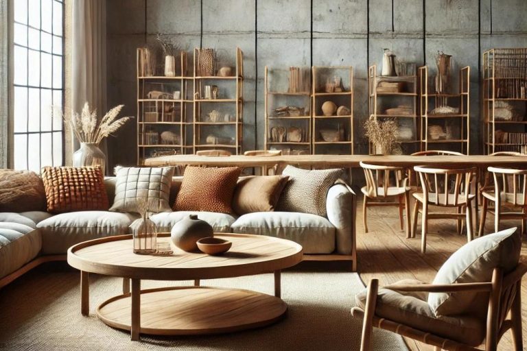 Mobiliario en el estilo Rústico Moderno por Suárez & Co. Interiorismo, mostrando muebles rústicos pero modernos hechos de madera natural y metal, incluyendo grandes mesas de madera, sofás tapizados cómodos y sillas minimalistas.