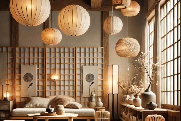 Iluminación en el estilo Japandi por Suárez & Co. Interiorismo, destacando la luz suave y cálida con elementos como lámparas de papel y grandes ventanales que maximizan la luz natural.