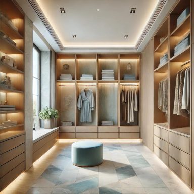 Vestidor con gabinetes de madera y acentos azules en estilo Mediterráneo.