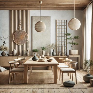  Imagen que muestra un comedor de estilo Zen, con una mesa de comedor de madera, asientos simples y decoración natural.