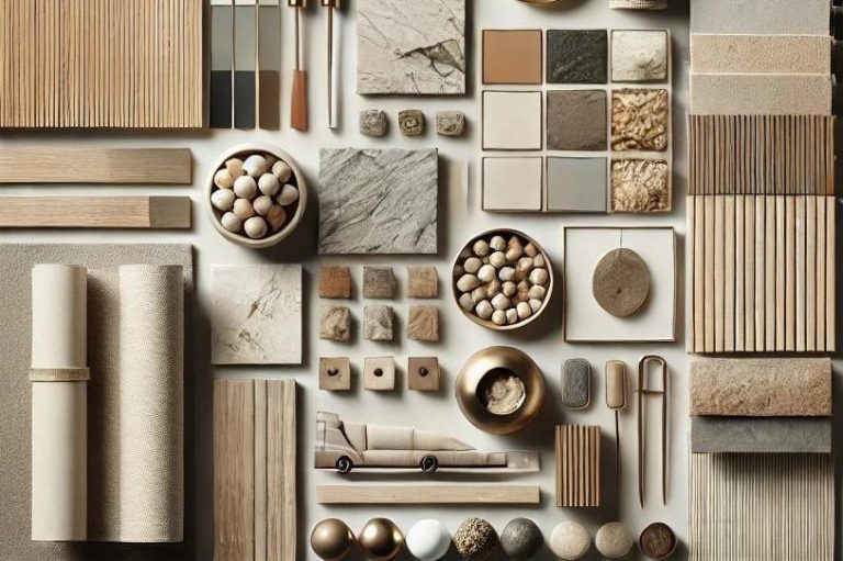 Moodboard de materiales sostenibles como madera, piedra y metales reciclados, ideales para un diseño interior consciente y elegante.