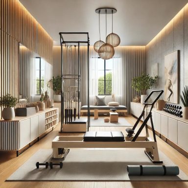 Gimnasio de estilo contemporáneo diseñado para Pilates y yoga, con equipo moderno y luz natural. El espacio incluye plantas y espejos grande