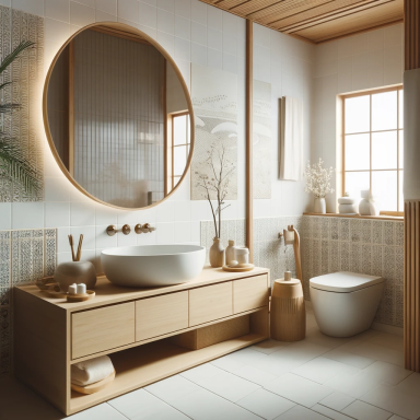 Baño de estilo Japandi con lavabo de cerámica blanca y decoración minimalista.