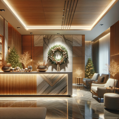 Recepción de spa con diseño moderno y acabados lujosos, decorada con árboles de Navidad y coronas festivas.