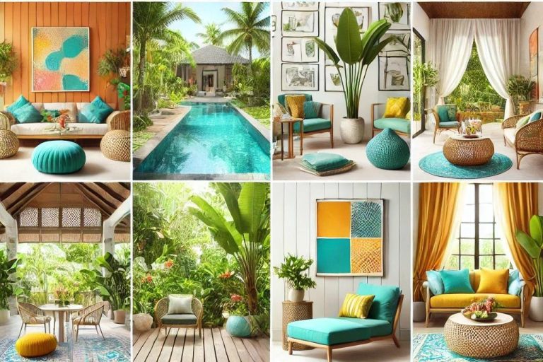 Imagen que representa los espacios donde se aplica el estilo Tropical, con salones, dormitorios, cocinas y patios exteriores decorados con elementos tropicales como vegetación, materiales naturales y colores vibrantes, diseñado por Suárez & Co. Interiorismo. 