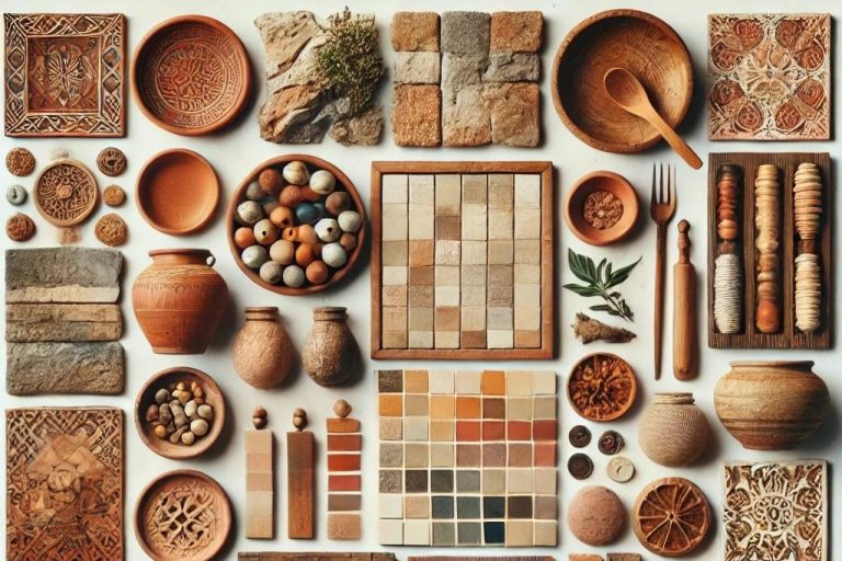 Materiales sostenibles en el estilo mediterráneo por Suárez & Co. Interiorismo, destacando el uso de piedra natural, azulejos de terracota, madera, cerámica y textiles orgánicos en una disposición armoniosa.