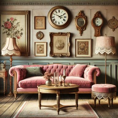 Sala de estar con sofá rosa vintage, rodeada de decoración clásica y elegante, diseñada por Suárez & Co. Interiorismo. 