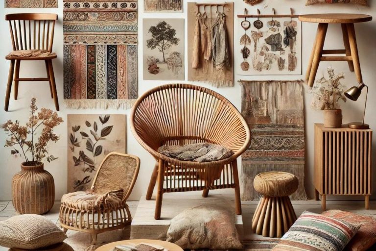 Moodboard de mobiliario bohemio diseñado por Suárez & Co. Interiorismo, que incluye piezas artesanales y materiales naturales que capturan la esencia del estilo boho. 