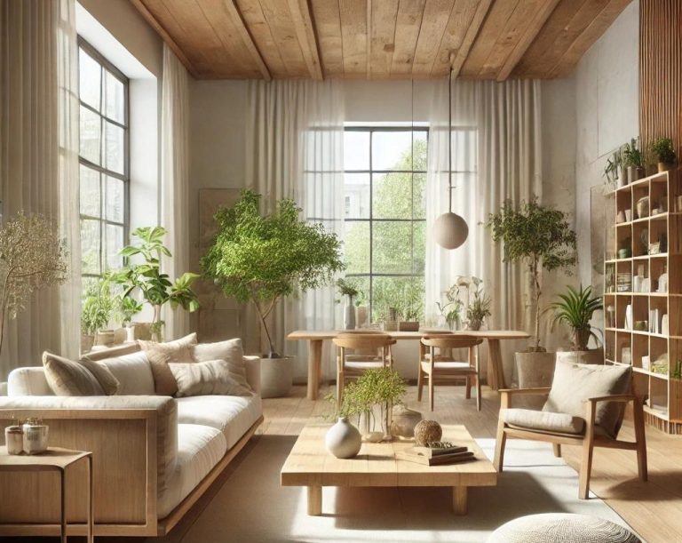 Imagen que muestra las características principales del diseño Zen, con muebles minimalistas, materiales naturales y un ambiente sereno.