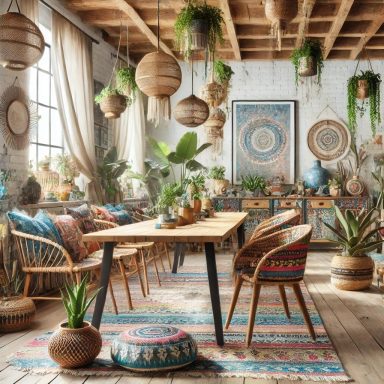 Imagen que muestra un comedor de estilo Boho, con una mezcla ecléctica de patrones, colores y texturas, con materiales naturales como madera