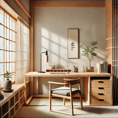 Despacho con escritorio de madera y silla cómoda en estilo Japandi.