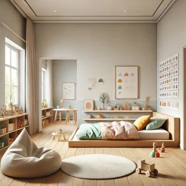 Zona de juegos infantil con decoración minimalista y juguetes de madera. Suárez & Co. Interiorismo