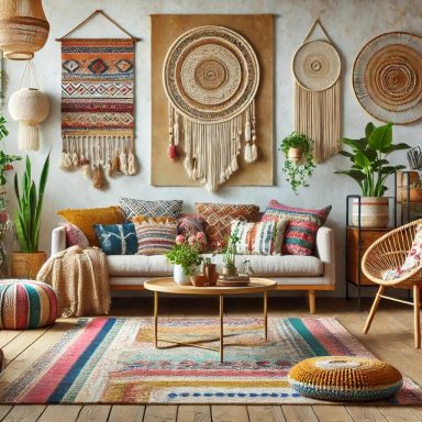 Imagen que muestra un salón de estilo Boho, con una mezcla ecléctica de patrones, colores y texturas, con materiales naturales como madera y