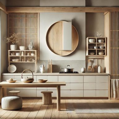 Imagen que muestra una cocina de estilo Zen, con un diseño minimalista, materiales naturales como madera y piedra, y colores neutros.