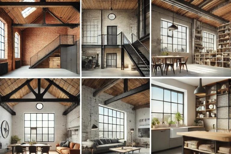 Moodboard que muestra diferentes espacios interiores diseñados en estilo industrial, como lofts, cocinas abiertas y almacenes convertidos.