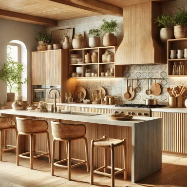 Cocina con gabinetes de madera natural y decoración orgánica sostenible Suárez & Co. Interiorismo