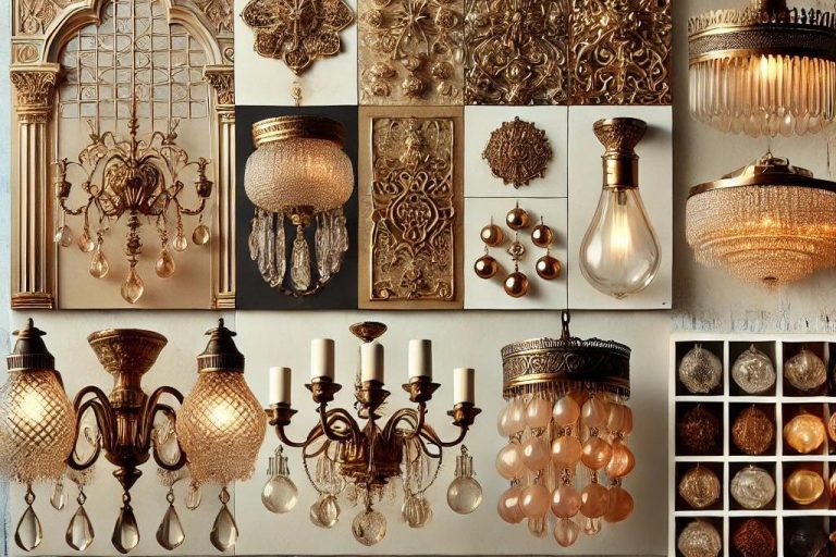 Un moodboard que presenta diseños de iluminación ecléctica con un toque clásico, incluyendo candelabros vintage, lámparas de araña ornamentadas y lámparas de pie elegantes. Diseño por Suárez & Co. Interiorismo.