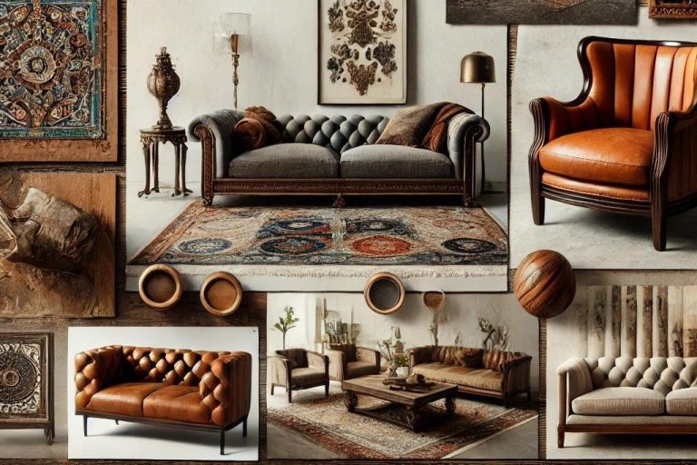 Un moodboard que presenta una combinación de muebles clásicos y contemporáneos, como sillas antiguas, sofás modernos y mesas de café ornamentadas, hechos con materiales de alta calidad. Diseño por Suárez & Co. Interiorismo.