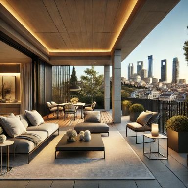 Terraza de estilo contemporáneo con muebles modernos y vistas panorámicas de Madrid. Espacio diseñado para disfrutar de un ambiente lujoso y