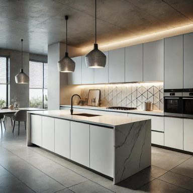 Cocina contemporánea con diseño minimalista, isla de mármol y gabinetes blancos. La iluminación moderna resalta el backsplash geométrico