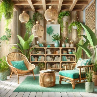 Imagen de un rincón de lectura con diseño tropical, con muebles de bambú, vegetación exuberante y colores vibrantes, elección de Suárez & Co