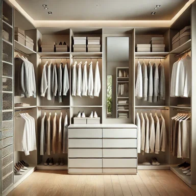 Vestidor con estanterías abiertas y diseño limpio y moderno. Suárez & Co. Interiorismo