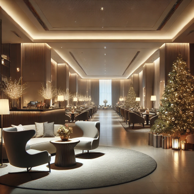 Lobby de hotel lujoso decorado para Navidad, con iluminación elegante y espacios atractivos, diseño de Suárez & Co. Interiorismo.