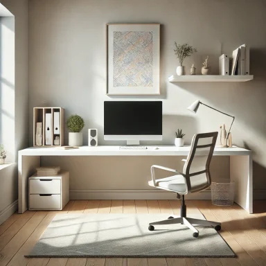 Oficina en casa con escritorio blanco y decoración minimalista por Suárez & Co. Interiorismo