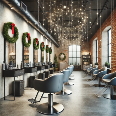 Peluquería boutique con diseño industrial chic, decorada con coronas navideñas y luces cálidas en un ambiente cómodo.