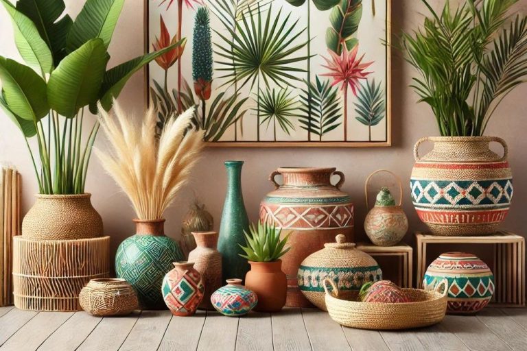 Imagen que muestra la decoración en el estilo Tropical, con elementos como plantas en macetas, arte vibrante en las paredes, jarrones de cerámica y cestas tejidas, diseñado por Suárez & Co. Interiorismo.