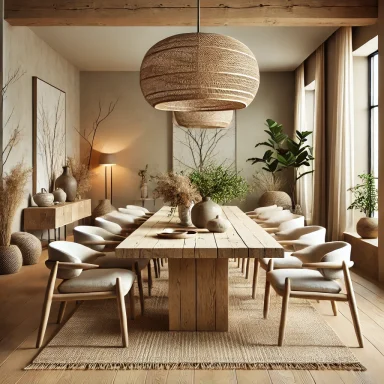 Comedor con mesa de madera reciclada y diseño orgánico y sostenible Suárez & Co. Interiorismo