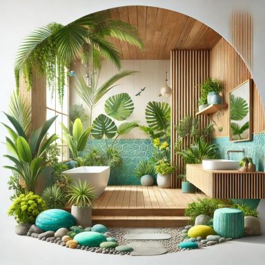  Imagen de un baño con diseño tropical, con madera natural, vegetación exuberante y piedra, diseñado por Suárez & Co. Interiorismo.