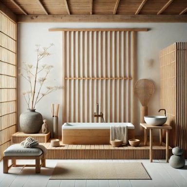 Imagen que muestra un baño de estilo Zen, con un diseño minimalista, una bañera de madera, y acentos de bambú.