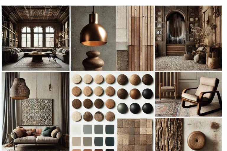 Un moodboard que muestra detalles decorativos en estilo boho, incluyendo colgantes de macramé, cestas tejidas, atrapasueños y cerámica en tonos cálidos y terrosos, creando una estética acogedora y natural. 