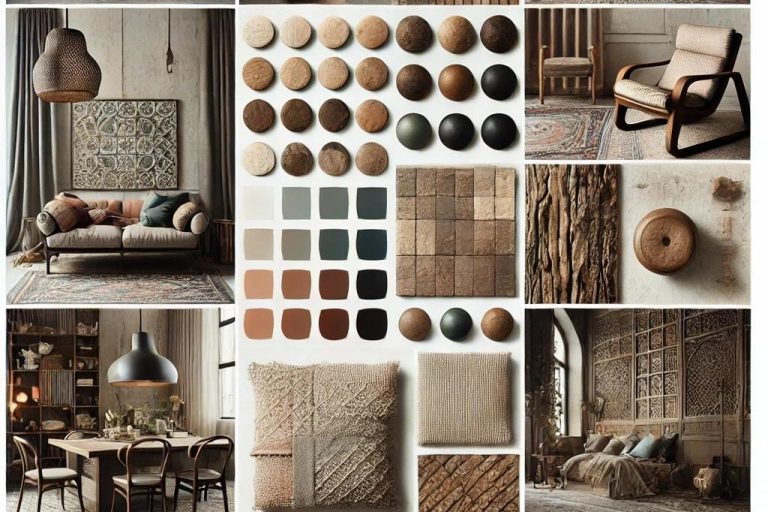 Un moodboard que muestra materiales sostenibles en el diseño de interiores ecléctico, con un toque clásico y elegante, incluyendo madera recuperada, metal reciclado y tejidos orgánicos. Diseño por Suárez & Co. Interiorismo.