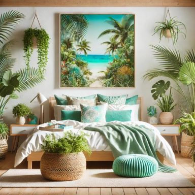 Imagen de un dormitorio con diseño tropical, con madera natural, vegetación exuberante y colores suaves, diseñado por Suárez & Co. Interiori