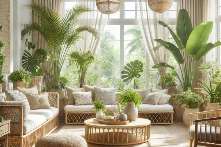 Imagen que muestra las características principales del estilo Tropical, con elementos como vegetación exuberante, muebles de bambú, y colores vibrantes, diseñado por Suárez & Co. Interiorismo.