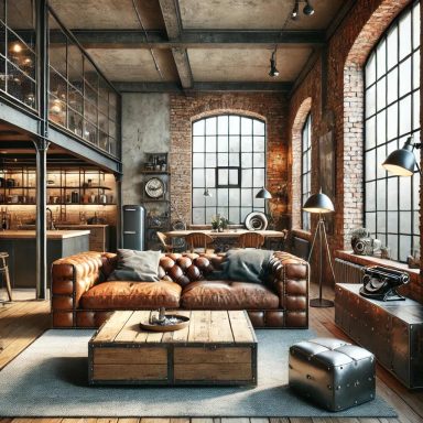 Sala de estar decorada con estilo industrial por Suárez & Co. Interiorismo, destacando el uso de materiales como ladrillo expuesto, metal y 