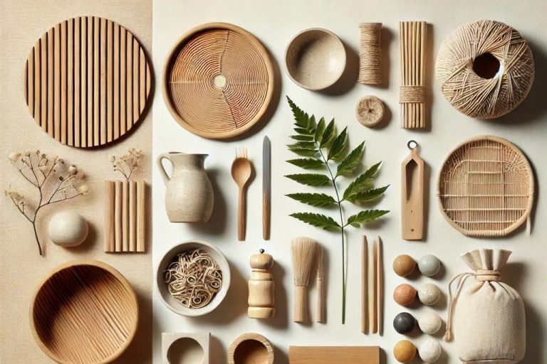 Materiales sostenibles en el estilo Japandi por Suárez & Co. Interiorismo, destacando el uso de madera natural, bambú, cerámica, lino y algodón en un diseño minimalista.