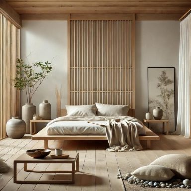  Imagen que muestra un dormitorio de estilo Zen, con una cama baja de madera, textiles suaves, y una decoración natural. 