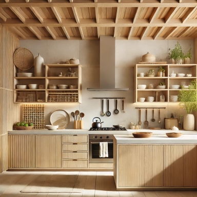 Cocina minimalista con gabinetes de madera y estanterías abiertas en estilo Japandi.