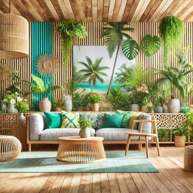 Imagen de un salón con diseño tropical, con madera natural, vegetación exuberante y colores vibrantes, diseñado por Suárez & Co. Interiorism