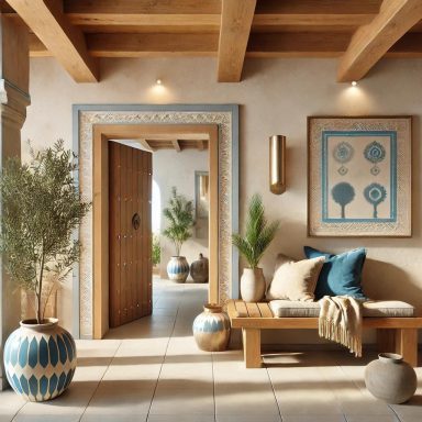 Entrada con banco de madera y cerámicas azules en estilo Mediterráneo.