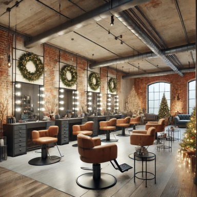 Barberia con diseño industrial y decoración navideña, destacando un estilo cálido y moderno con luces y coronas festivas.